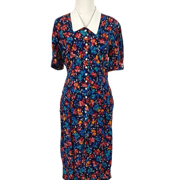Liz Claiborne Women Vintage 80s Short Sleeve Dress Trad Wife Preppy Blue Size 6 - Picture 1 of 6